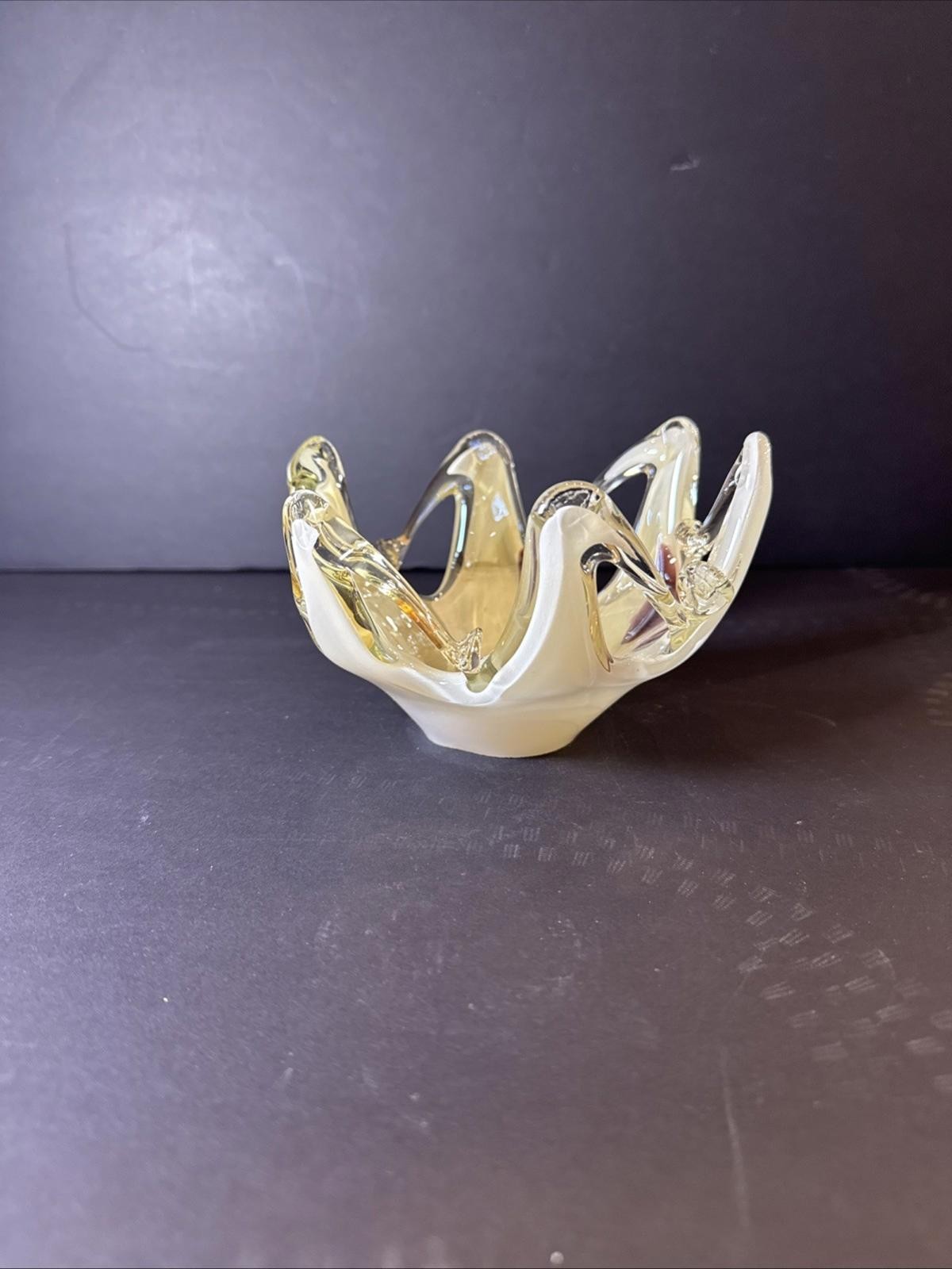 Heavy Vintage Murano Clear Over Cream W Purple Art Glass Bowl 4” X 6” Stunning Heavy Vintage Murano Clear Over Cream W Purple Art Glass Bowl 4” X 6” Stunning