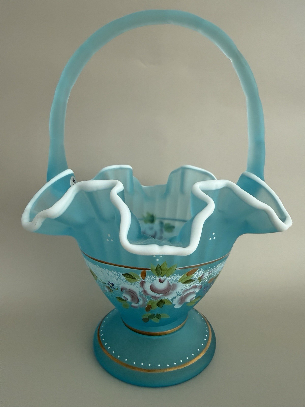 Vintage Fenton Hand Painted Blue Satin Glass Basket Vintage Fenton Hand Painted Blue Satin Glass Basket