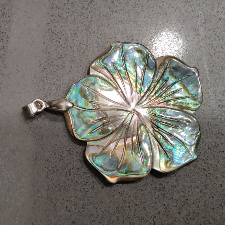 Carved Mother of Pearl Abalone Flower Pendant 18KGP Stamped Bail