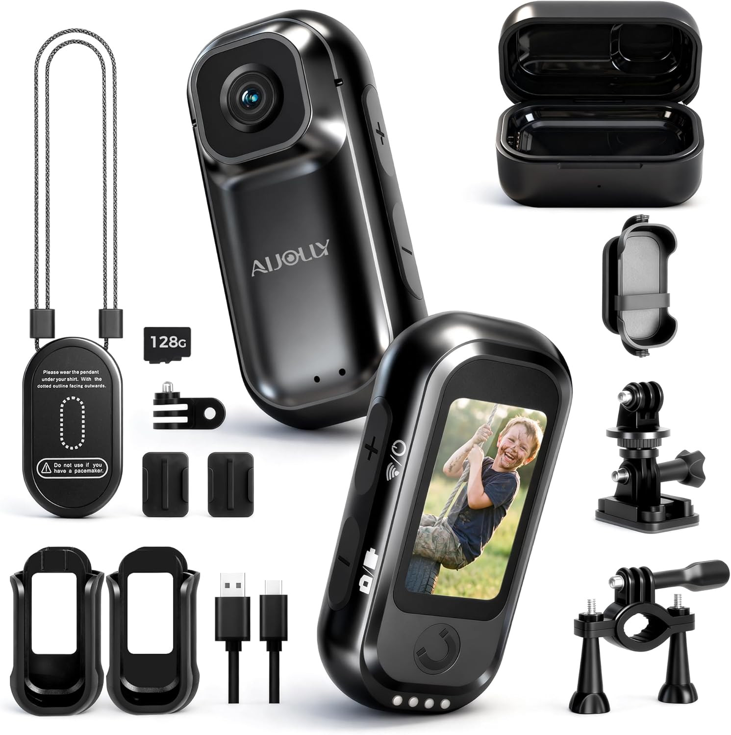 128G Mini Action Camera, Thumb Sports POV Cameras with 8H Charging Case, 1.47\