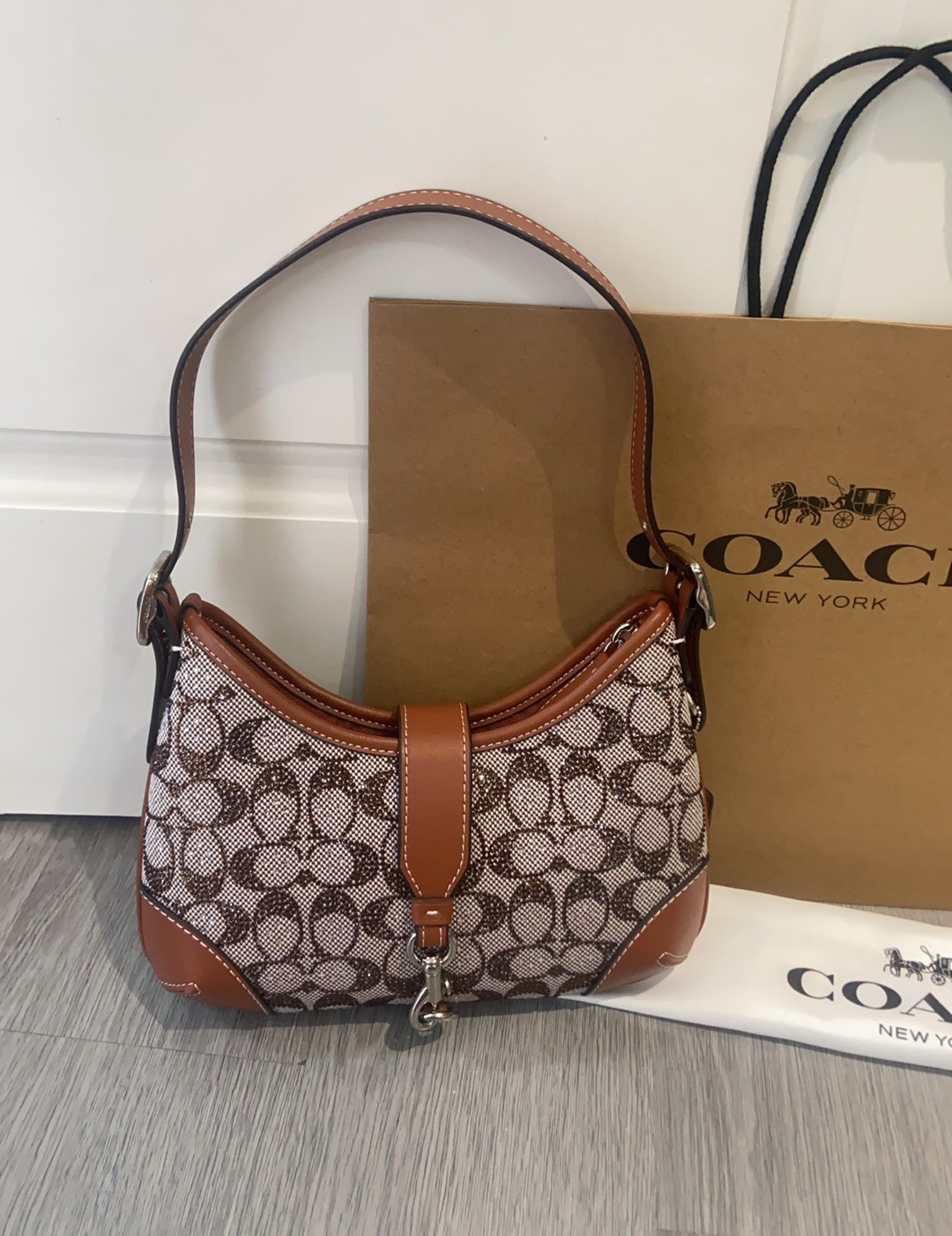 Coach Hamptons Hobo Bag In Crystal Signature Jacquard CW654 Burnished Amber