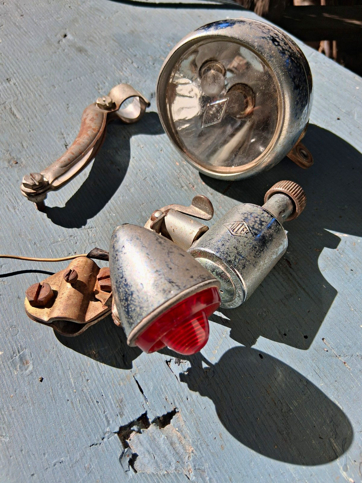 Vintage Metal Bicycle Head & Tail Light Set w/ Mounting Brackets Silver Red