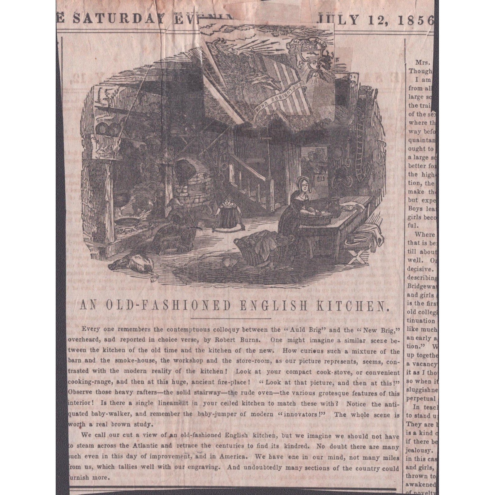 1856 Saturday Evening Post Clipping An Old-Fashioned English Kitchen Engraving