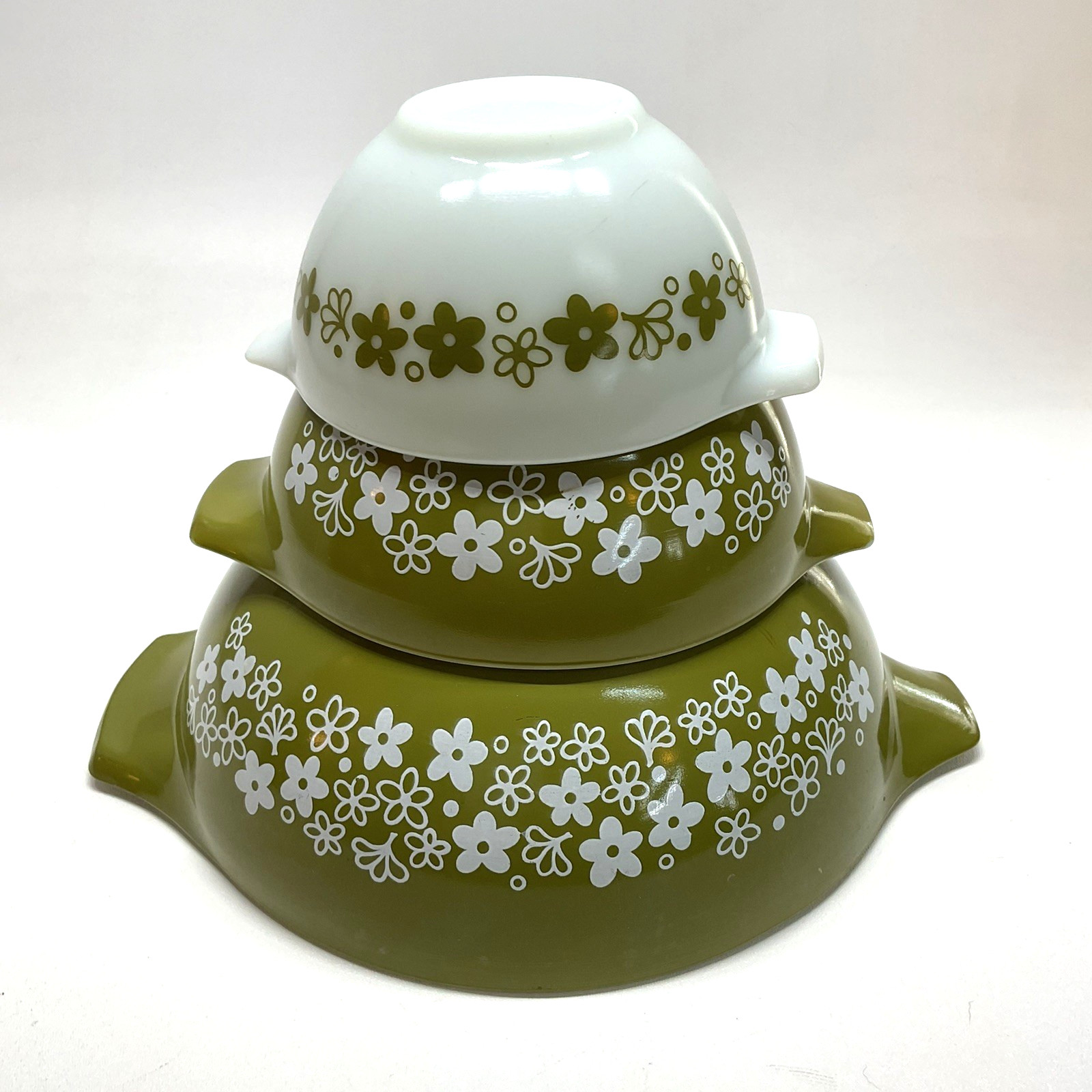 Set OF 3 VTG Pyrex Green Crazy Daisy Spring Blossom Cinderella Bowls 441 442 444