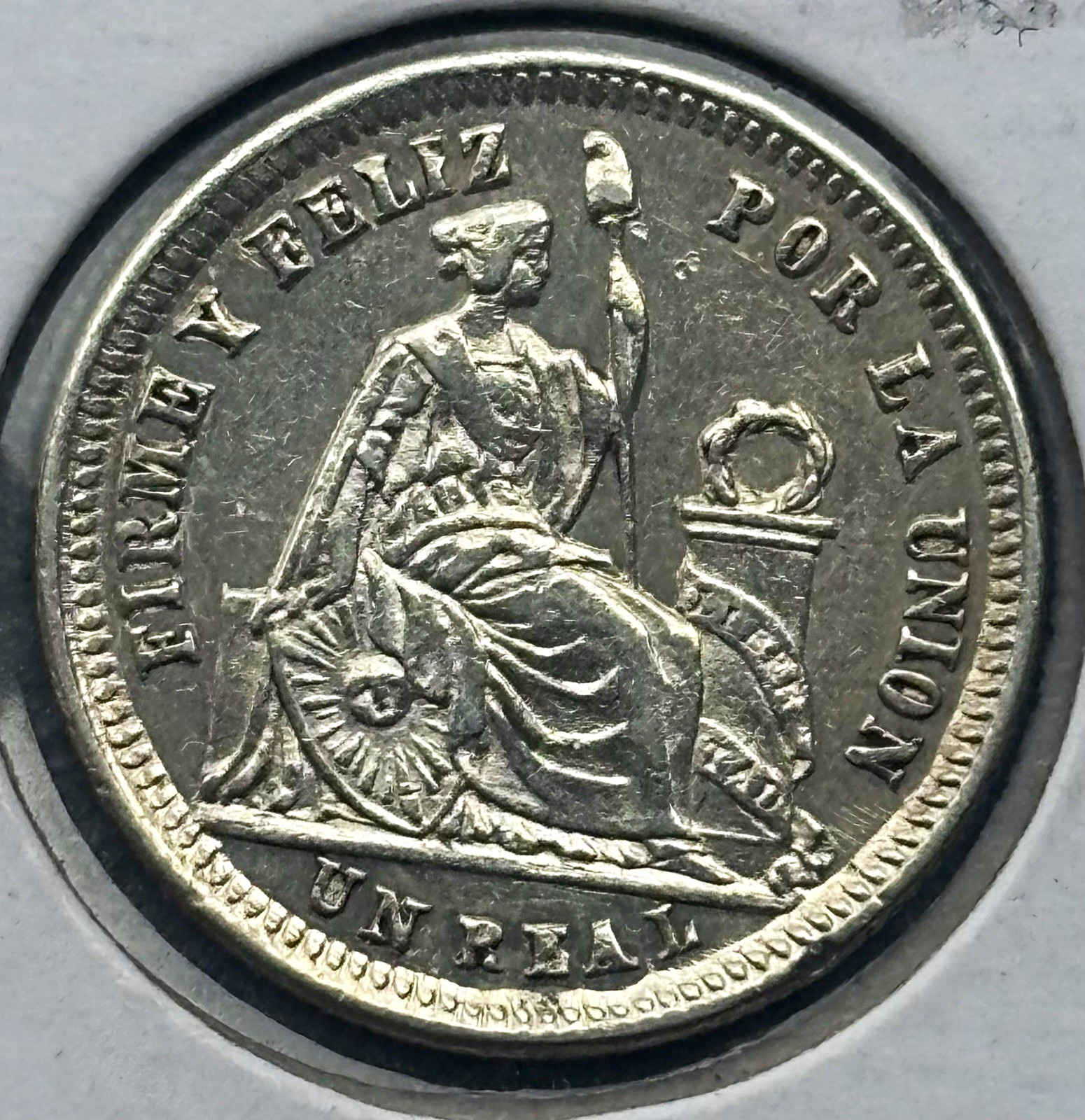 1860 Peru Un Real Silver Coin, Lima Mint Variety, KM#142, .900 Fine