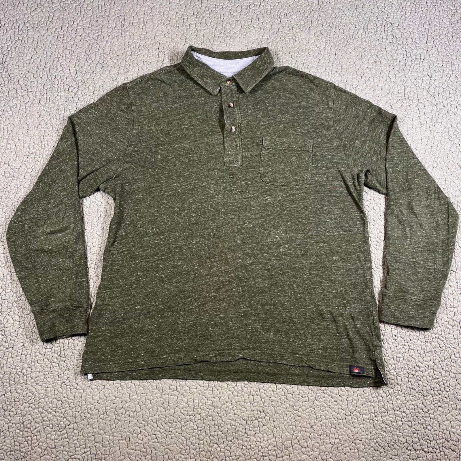 Faherty Brand Mens Long Sleeve Polo Shirt Olive Green Heather Cotton Size M