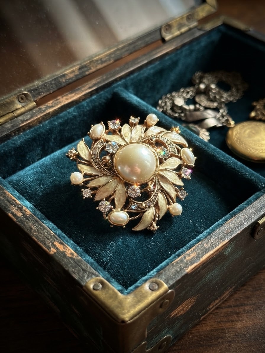 VTG Signed Monet 22 K Gold Overlay Cream Enamel Faux Pearl Sunburst Brooch Pin