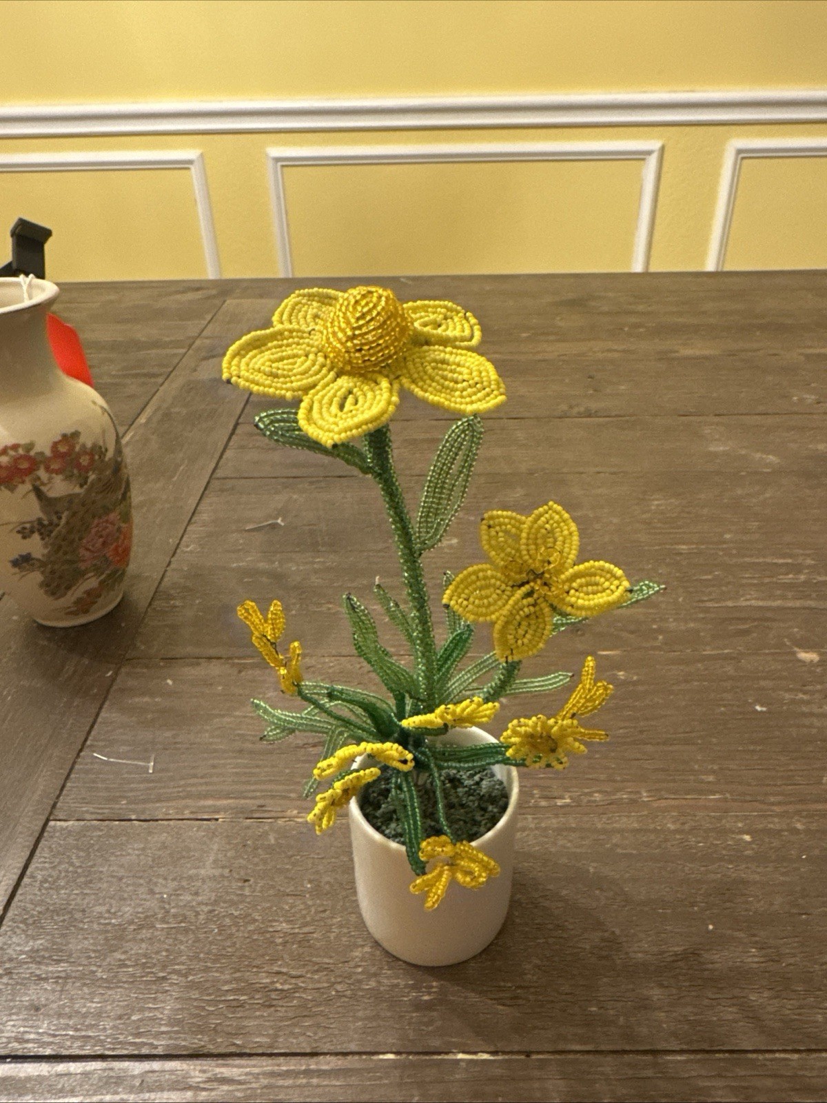 Old Beaded Flowers 8 Inches Tall With Tiny Pot