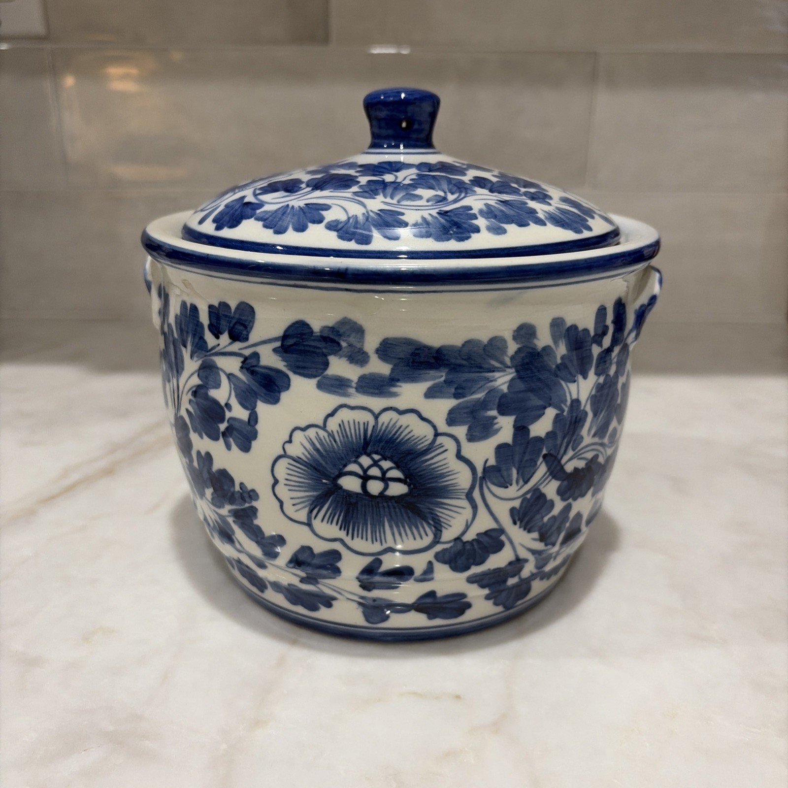 Mid 20th Century Blue & White Shafford Lotus Flower Canister W/Lid - perfect 