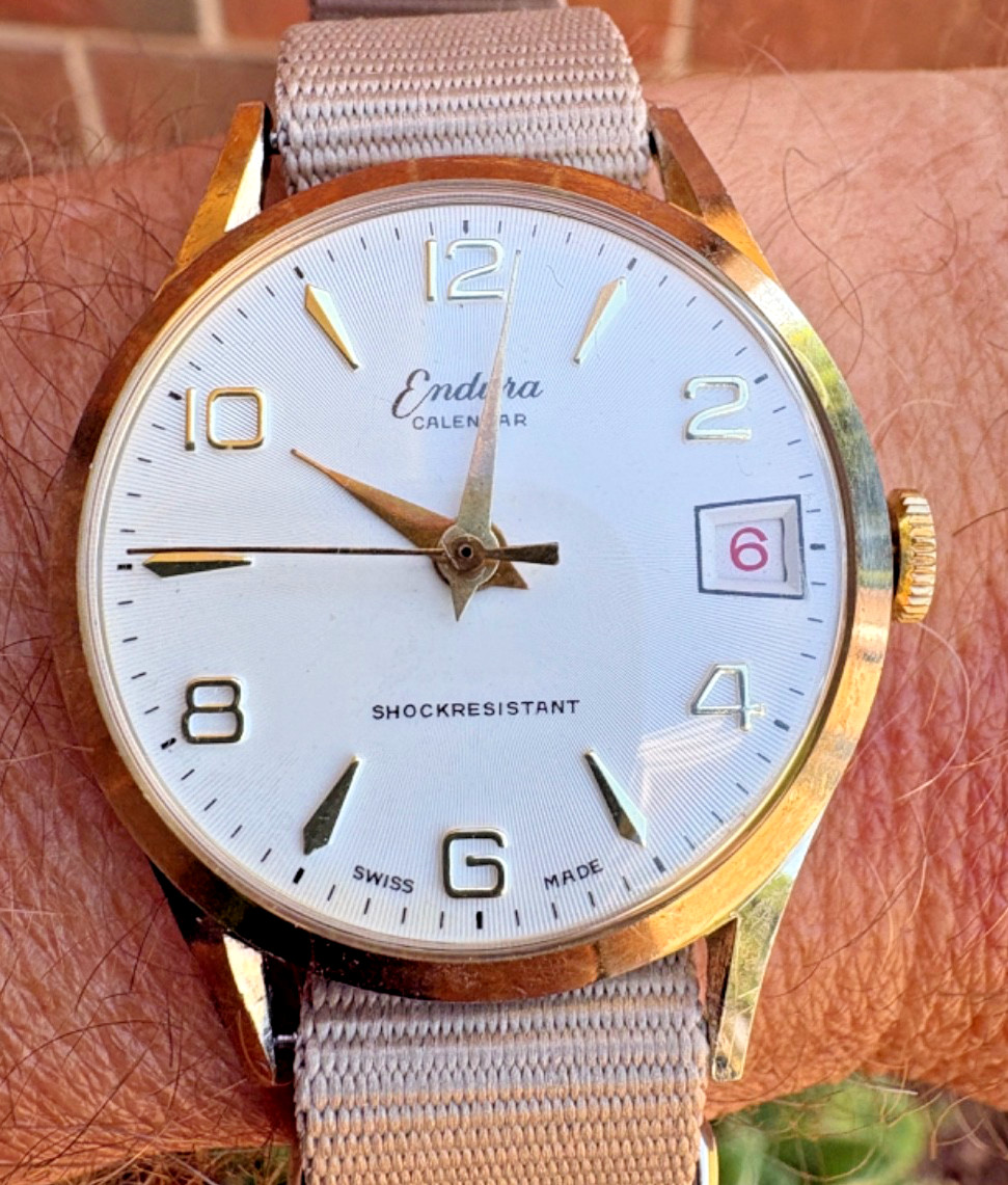 Vintage Endura Calendar Swiss Manual Wind Watch New Crystal Runs Date 34mm Vintage Endura Calendar Swiss Manual Wind Watch New Crystal Runs Date 34mm