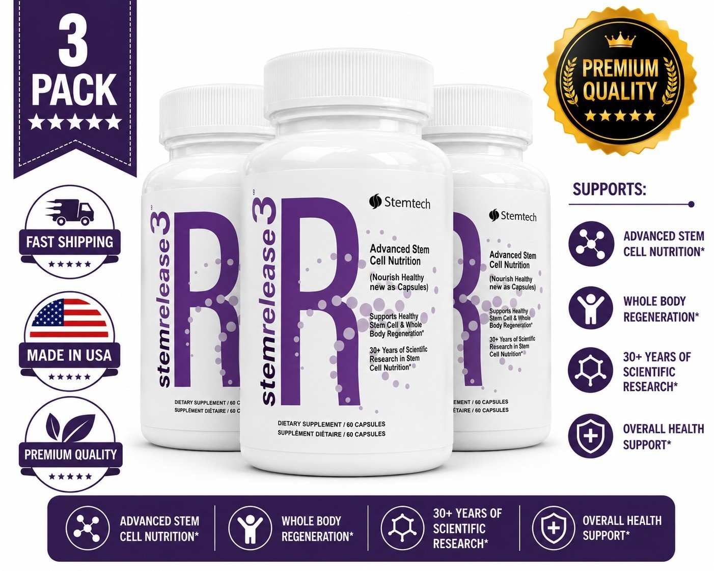 StemTech StemRelease3 3 Pack 60 Capsules Each Stem Cell Nutrition Formula