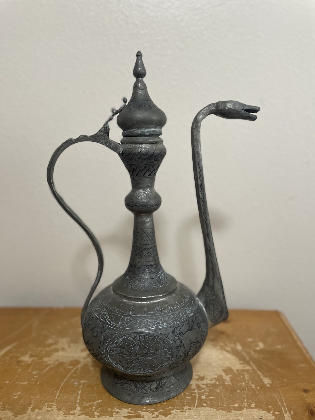 Antique Islamic Middle Eastern Qajar Turkish Tinned Metal Ewer Water Pitcher Antique Islamic Middle Eastern Qajar Turkish Tinned Metal Ewer Water Pitcher