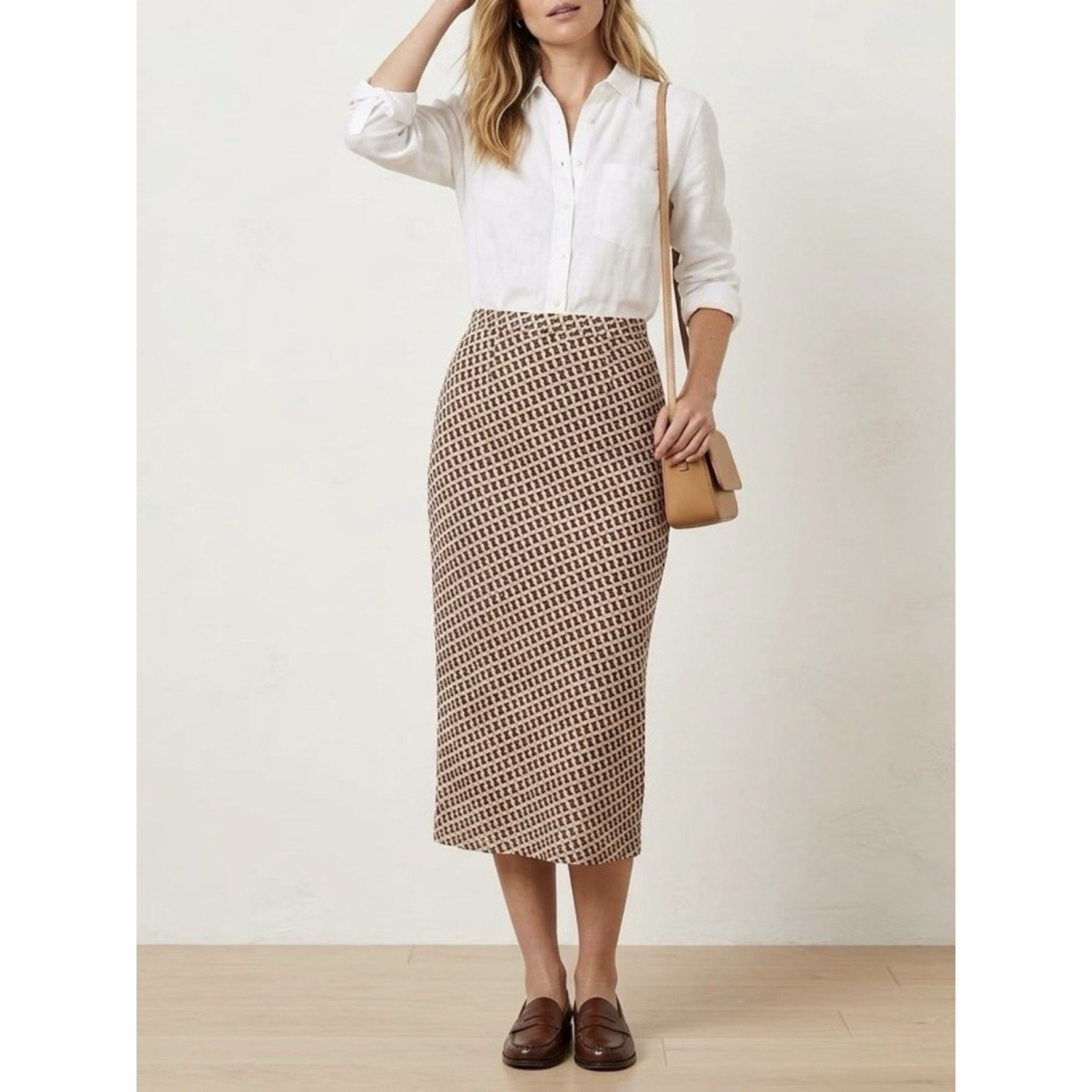 Night Studio NY Brown Cream Optical Illusion Mod Column Midi Skirt Size 8 VTG