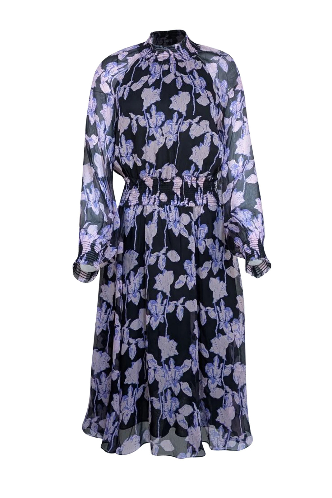 Diane von Furstenberg - Black w/ Purple Floral Print Long Sleeve Midi Dress Sz S Diane von Furstenberg - Black w/ Purple Floral Print Long Sleeve Midi Dress Sz S