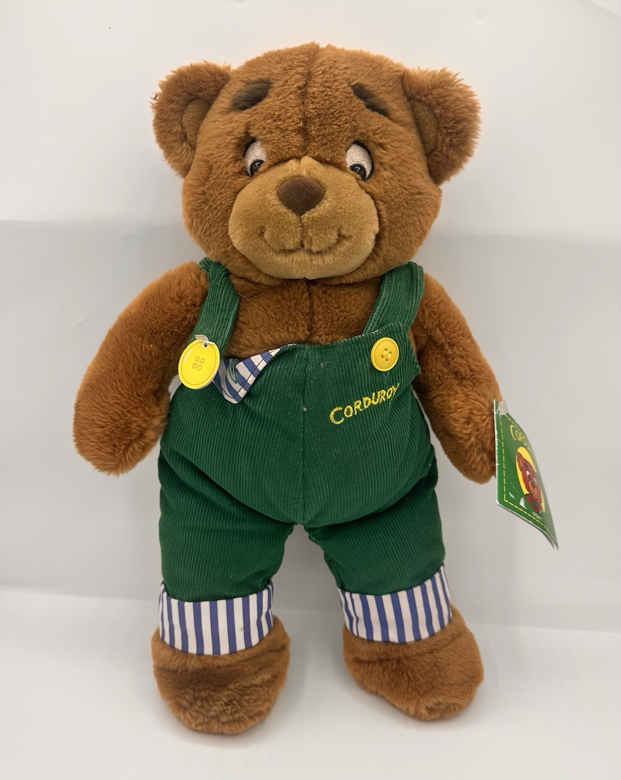 Vintage 1997 Eden 16” Corduroy Brown Teddy Bear Green Overalls Stuffed Plush NWT