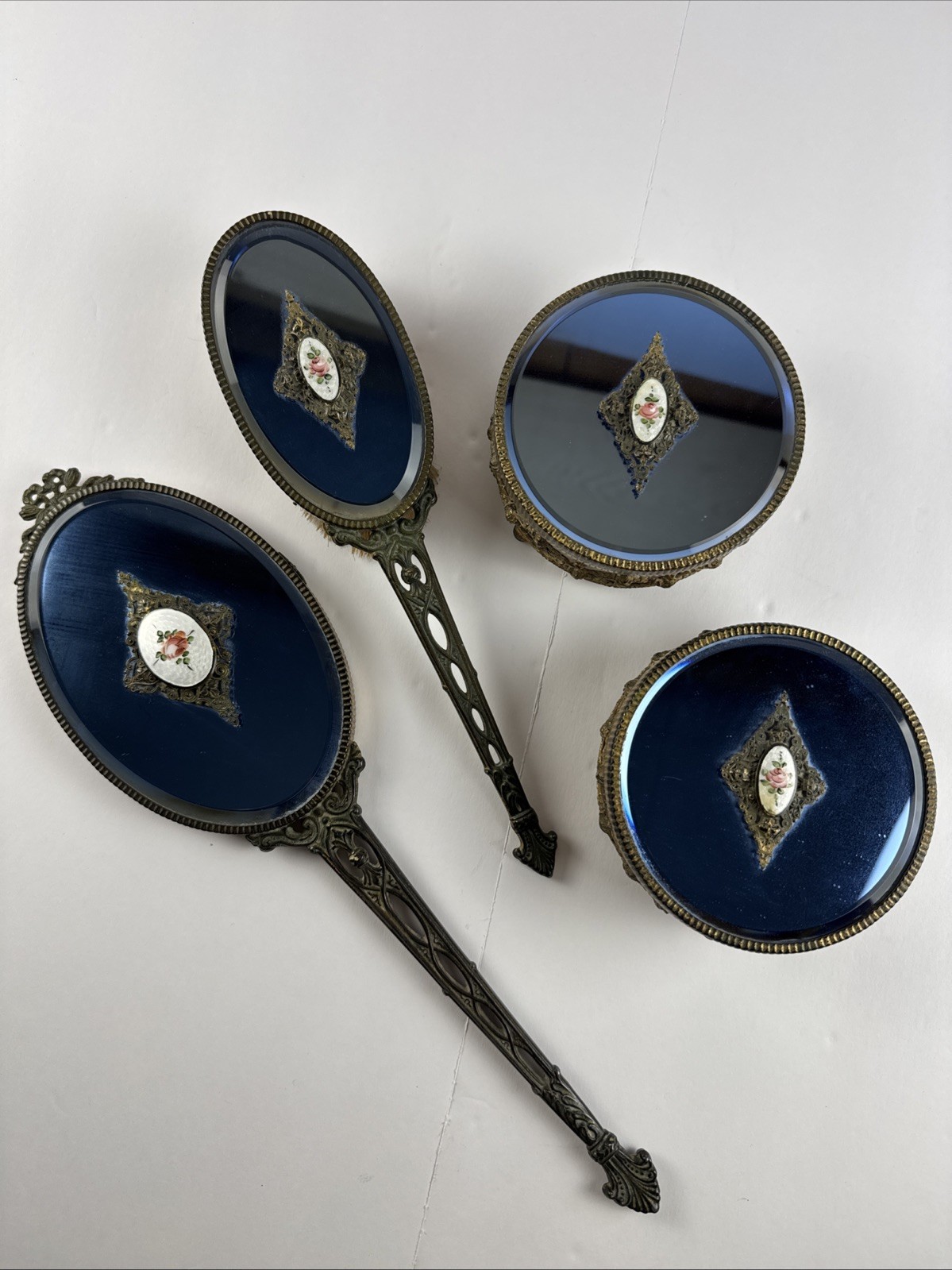 4 Pc. Antique French Victorian Filigree Gold Gilt Cobalt Blue Glass Vanity Set 4 Pc. Antique French Victorian Filigree Gold Gilt Cobalt Blue Glass Vanity Set