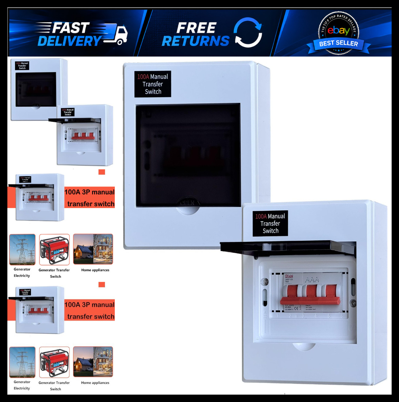 100A Manual Transfer Switch for Portable Generator, 24000W, 120/240V, 3-Pole