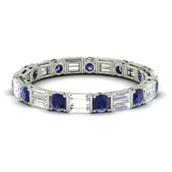 1.96Ct Natural Sapphire & Diamond Eternity Band Ring 14K Solid White Gold Size 6