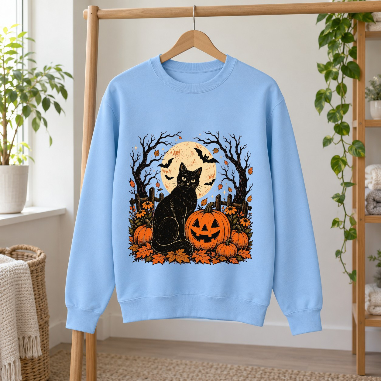 Spooky Halloween Cat Sweatshirt Pumpkin Fall Graphic Women Crewneck