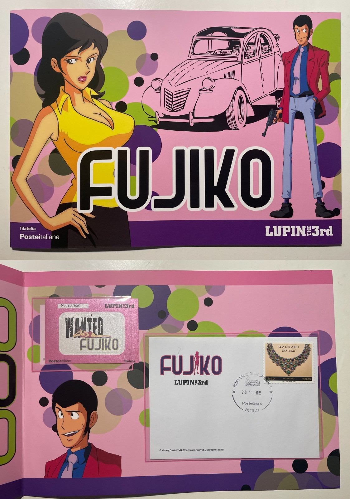 2025 Folder Margot Fujiko Lupin Erinnofilo Postcard and Cancel Envelope on Bulgari