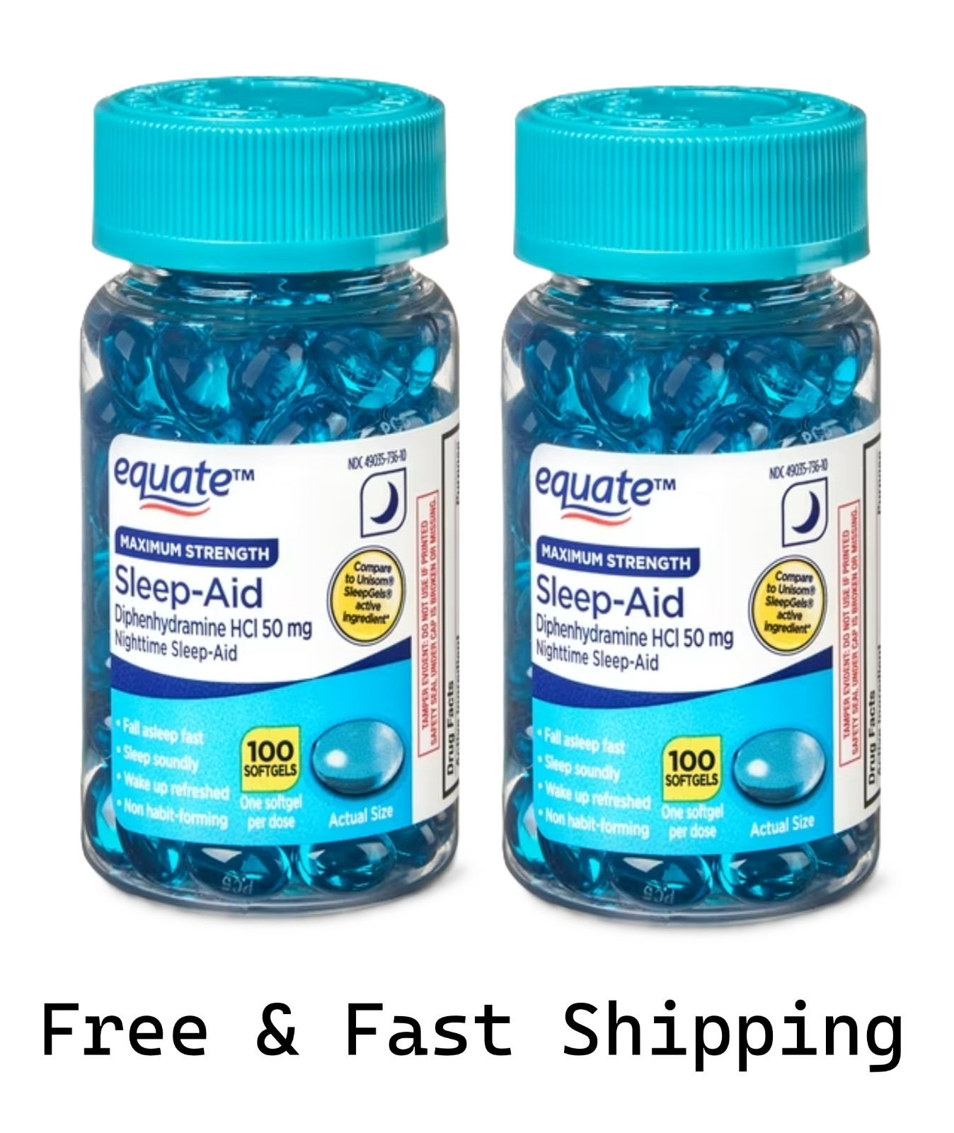 Equate Nighttime Sleep-Aid Softgels 50mg, 100 Ct, 2pk, Compare to Unisom®