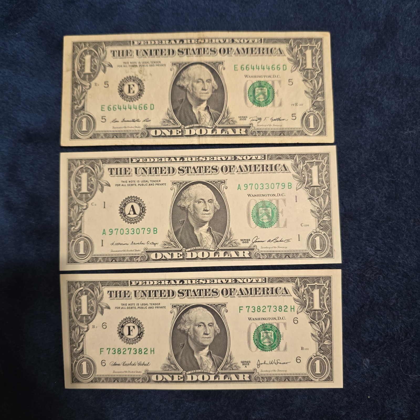 $1 Fancy Serial Number 3-Note Lot - Symmetrical Radar, Binary, Block Repeater