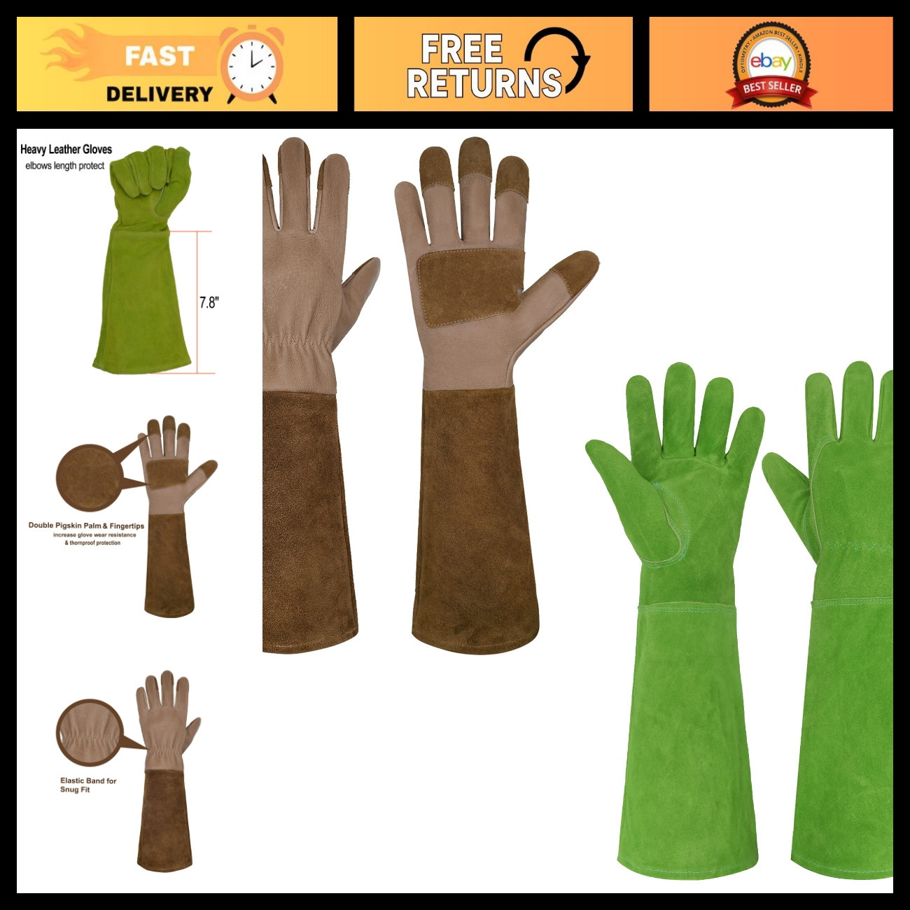 2 Pairs Thorn Proof Gardening Gloves - Long Leather Pruning & Gauntlet Gloves, L