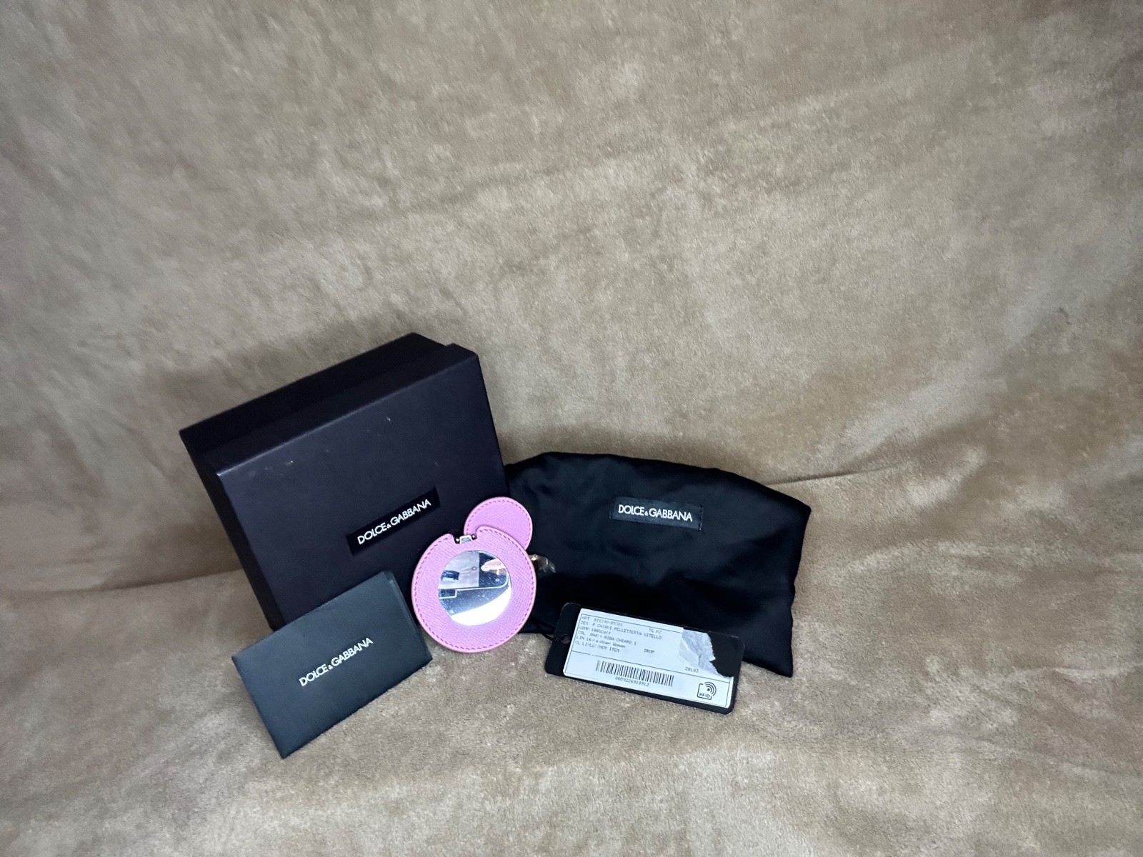 Dolce & Gabbana Pink Leather Keychain Key Ring Charm Mirror Gold Hardware Italy