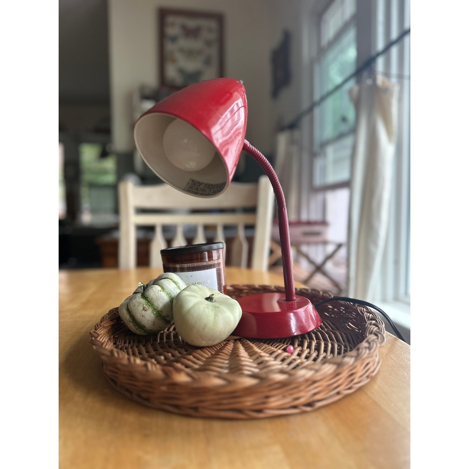 Retro vintage red gooseneck lamp, turns on and off,