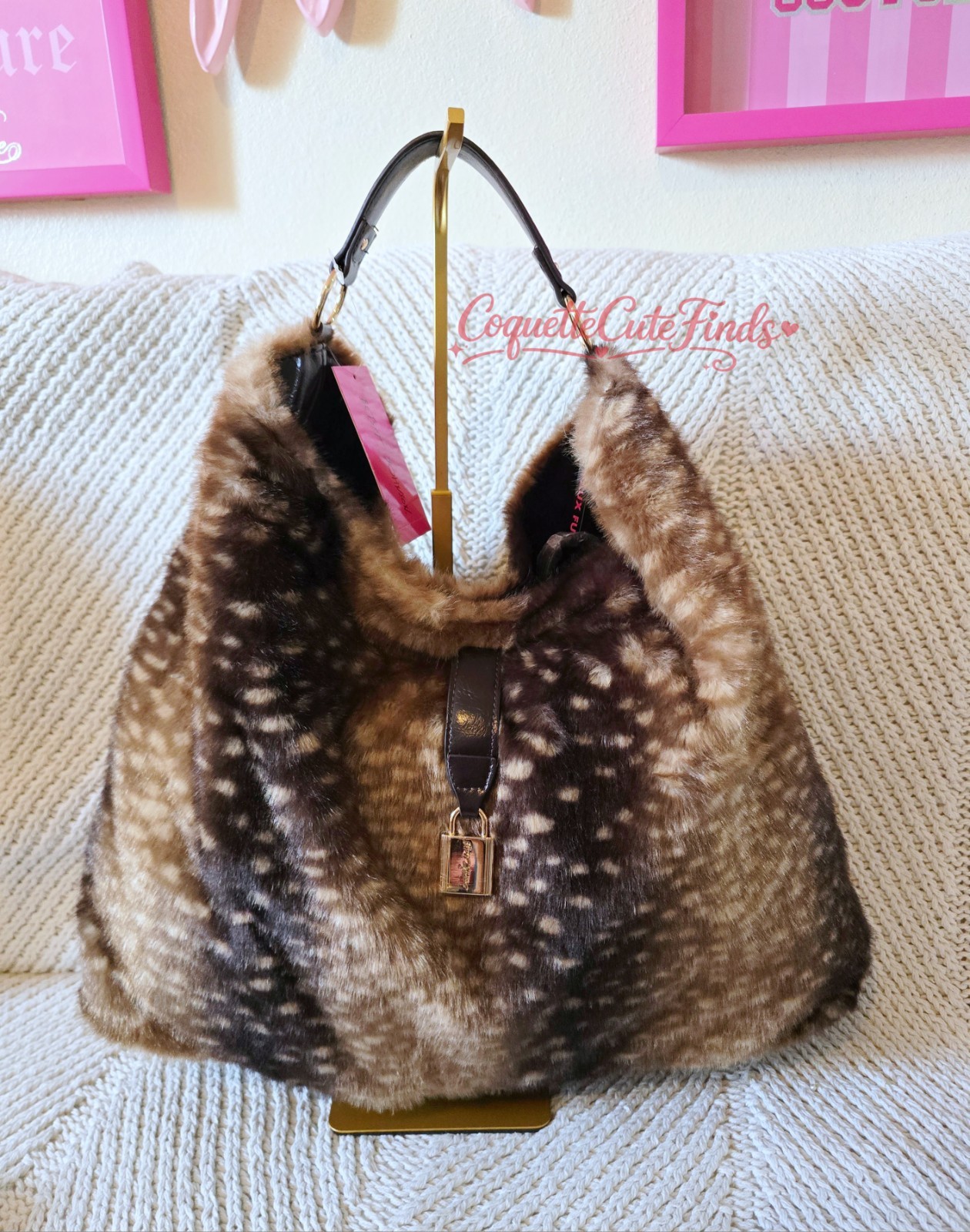 NWT Betsey Johnson XOTELLY Faux Fur Hobo Bag Deer Print Brown Gold Lock