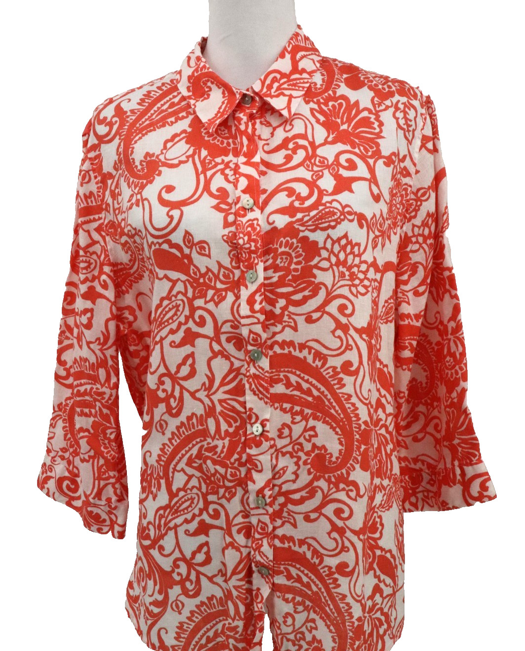 Chicos 3 No Iron Linen Top Womens XL Orange Floral Button 3/4 Sleeve Coastal New Chicos 3 No Iron Linen Top Womens XL Orange Floral Button 3/4 Sleeve Coastal New