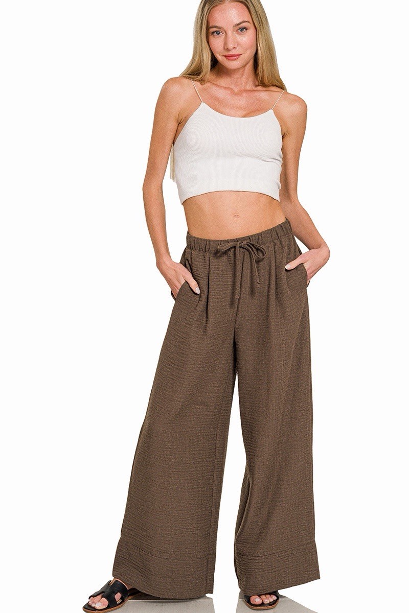 Zenana Woven Airflow Drawstring Pants Chocolate Brown Sz Medium NWT Zenana Woven Airflow Drawstring Pants Chocolate Brown Sz Medium NWT