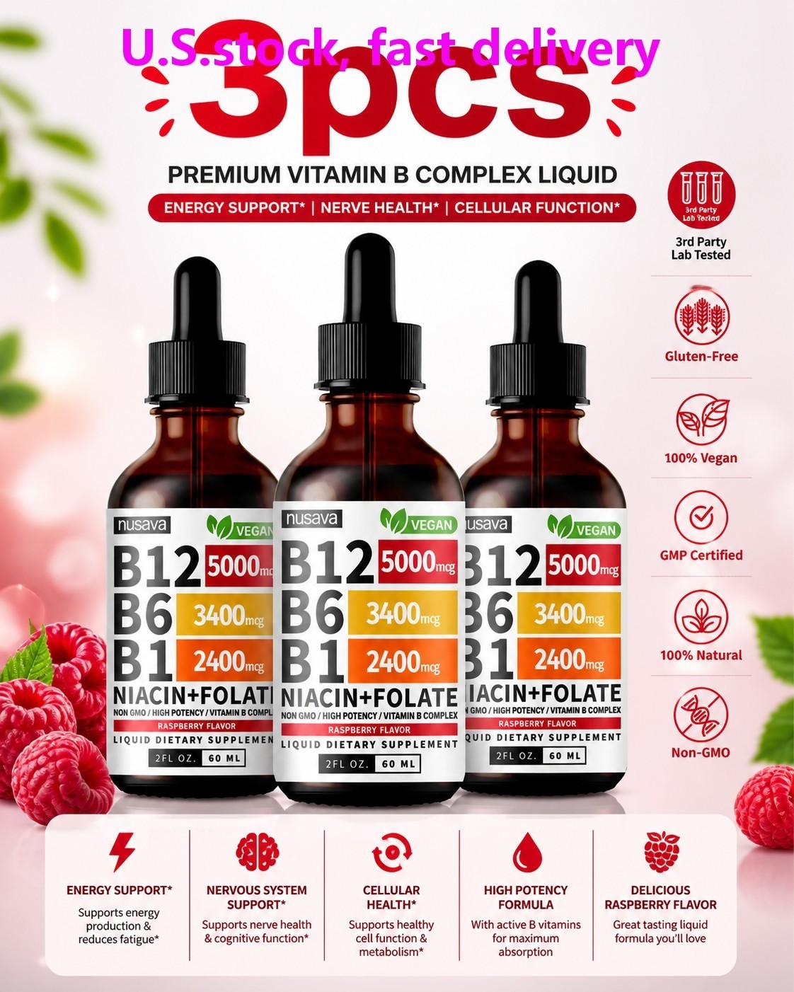 NUSAVA Vitamin B12 Drops – 3 Pack – 5000mcg – Raspberry – 80 Servings
