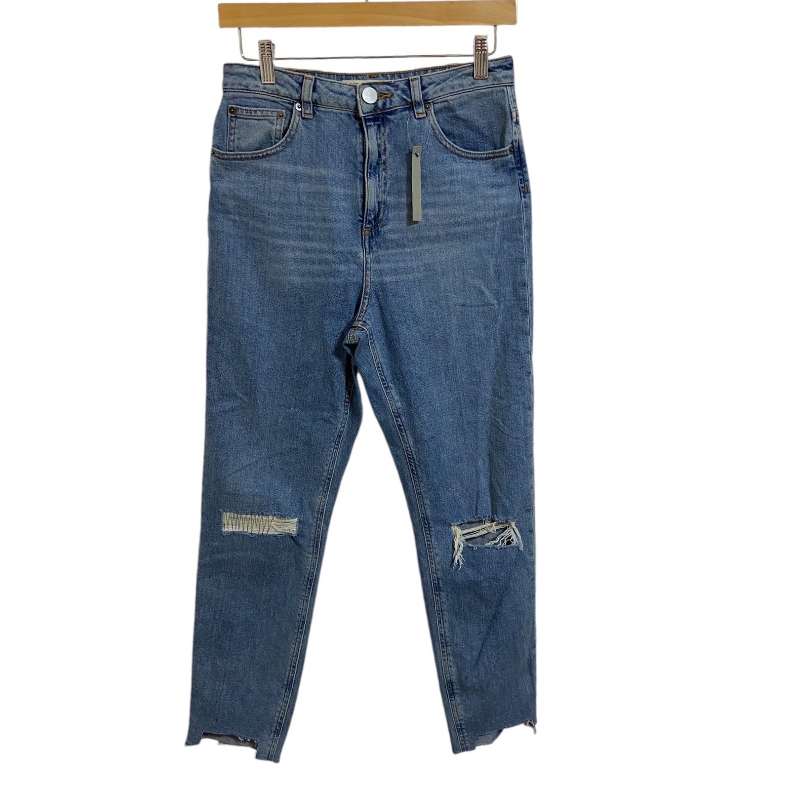 ASOS Mom Jeans Light Wash Distressed High Rise Raw Hem Vintage 90s 28