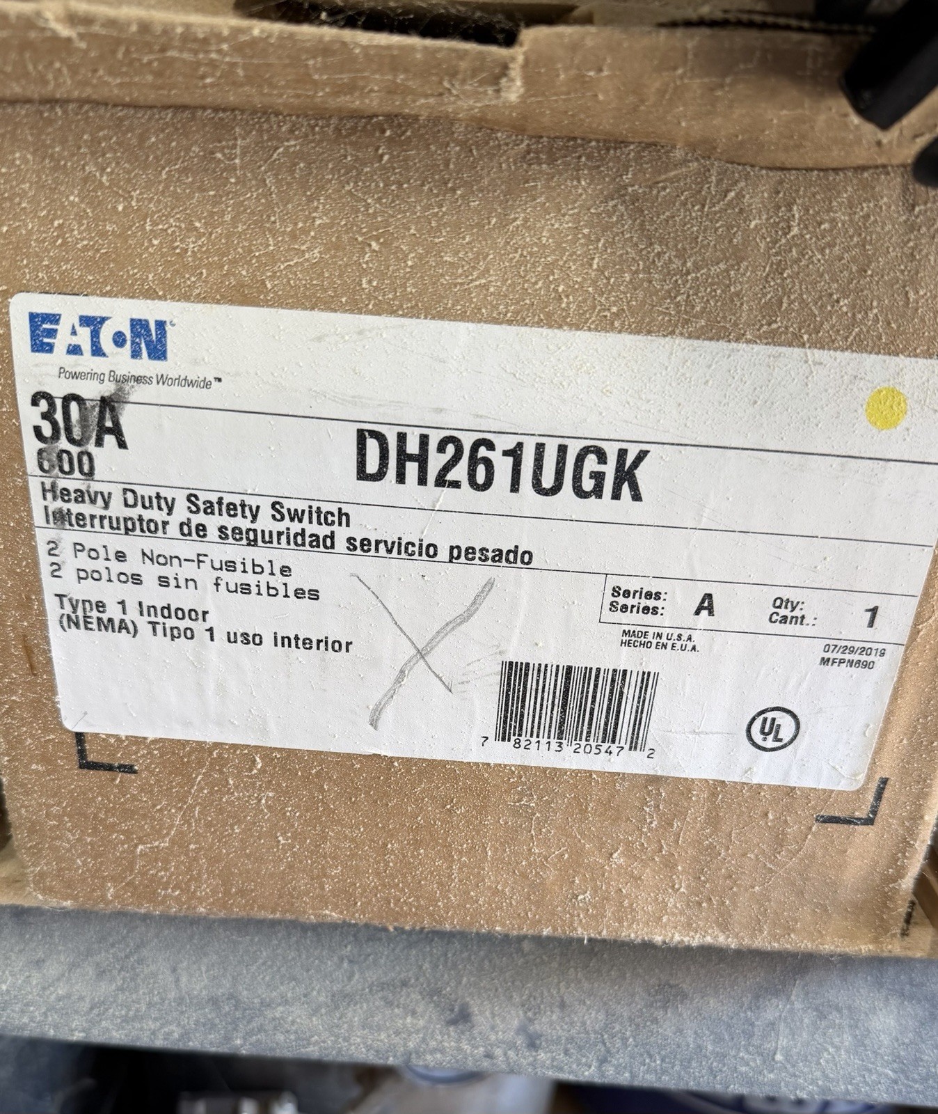 Eaton DH261UGK 30A 600V 2-Pole Non-Fusible Heavy Duty Safety Switch NEMA 1 NEW