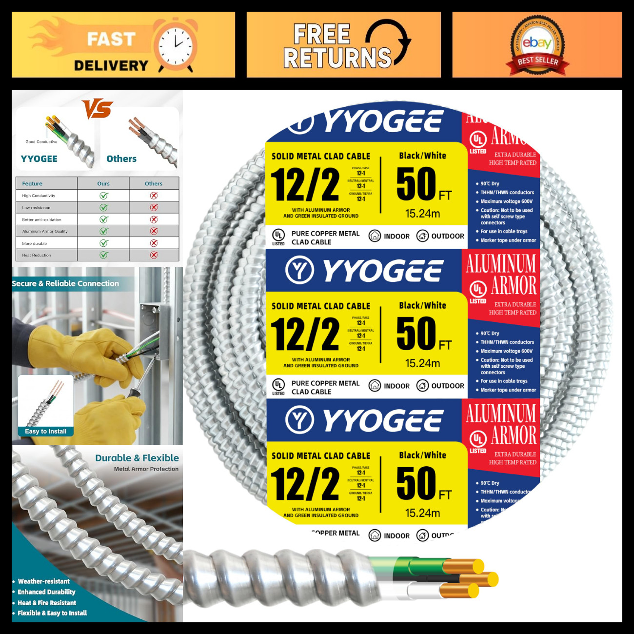50FT 12/2 MC Cable with Ground - 12 Gauge Metal Clad Wire, Copper Conductors, In 50FT 12/2 MC Cable with Ground - 12 Gauge Metal Clad Wire, Copper Conductors, In
