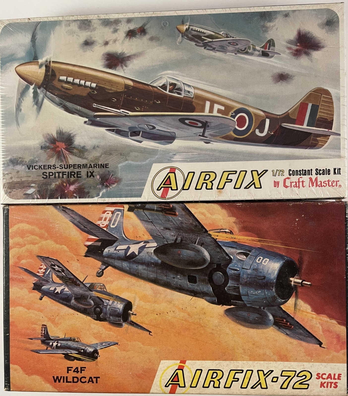 Lot of 2-Vintage Airfix  1/72 Scale Kits: Spitfire #1222-50 & F4F Wildcat #3-46