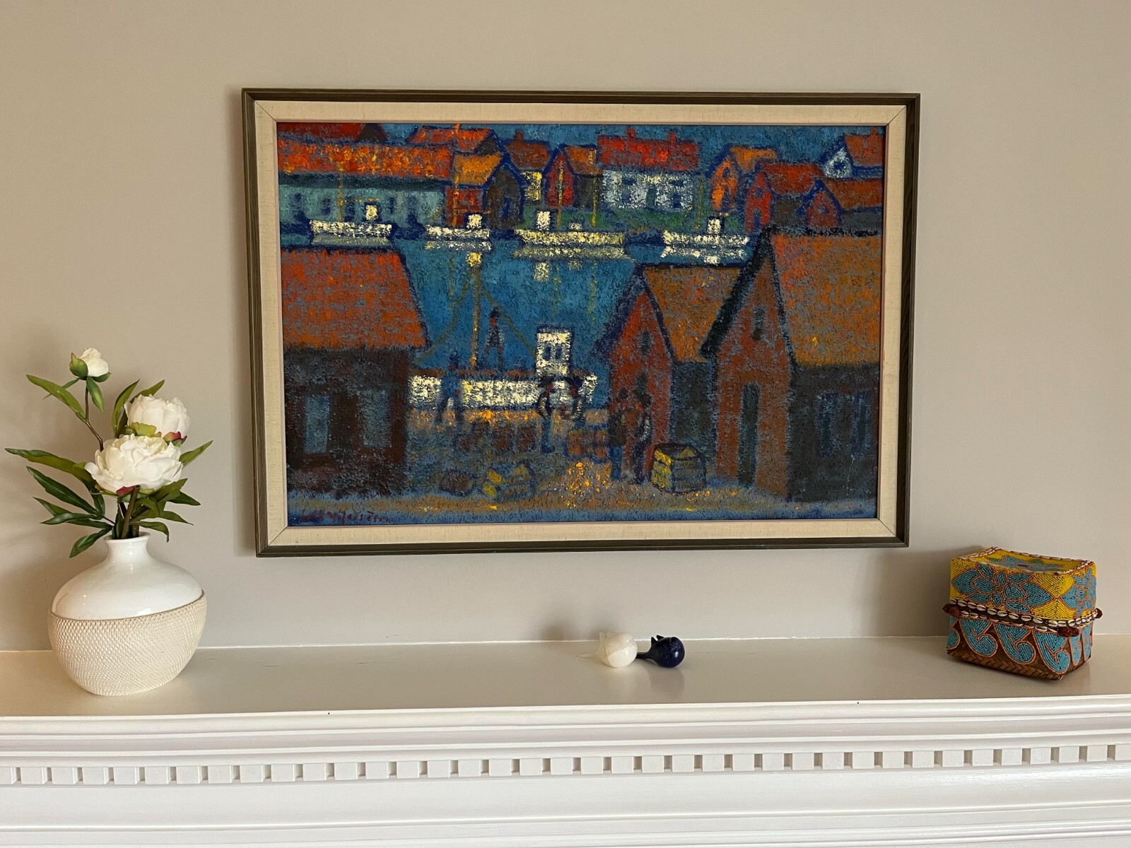 Vintage Erik Hafstrom Swedish Expressionist Oil Painting of Harbor Boatyard