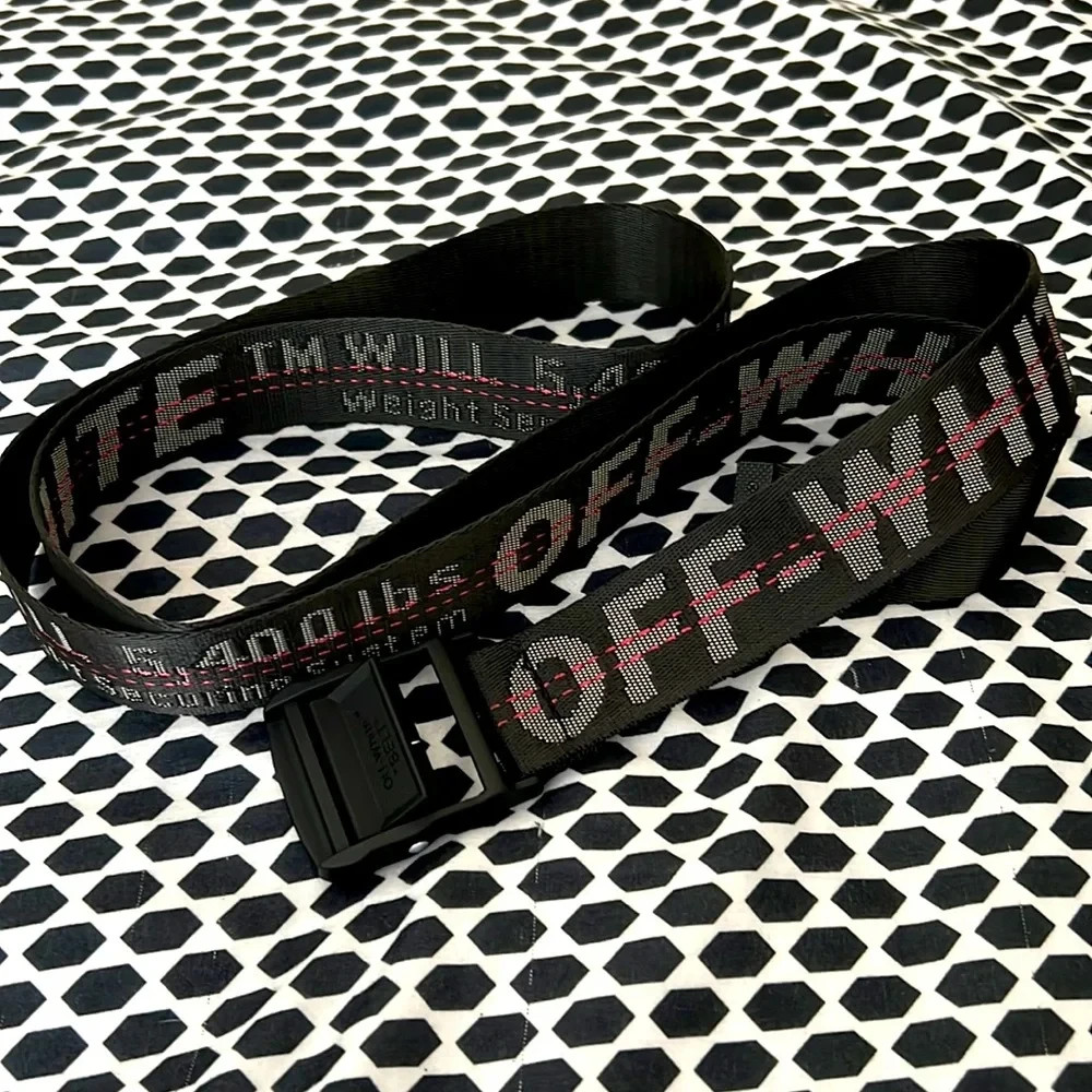 OFF-WHITE Men Black Industrial Logo Buckle Woven Belt One Size ✅