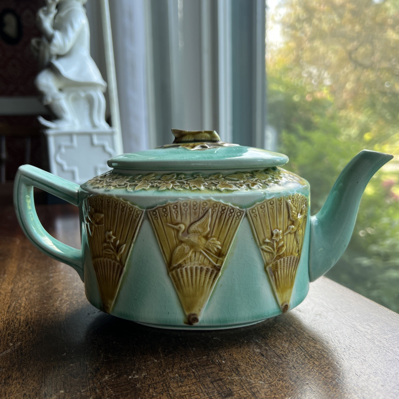 Rare - Late 1800\'s Antique Majolica Teapot With Japanese Fan Motif & Cranes
