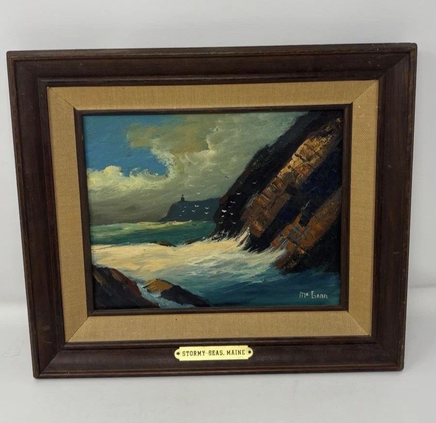 Val McGann Maine Original Vintage Painting Stormy Seas Framed Signed Ocean Scene