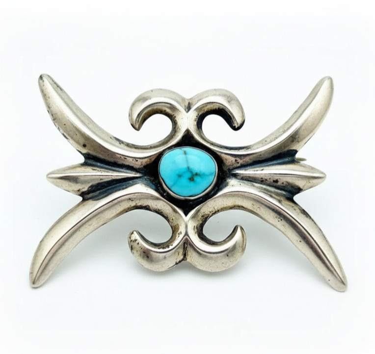 Navajo Sand Cast Pin Rare Southwest Pawn Blue Turquoise Sterling Silver