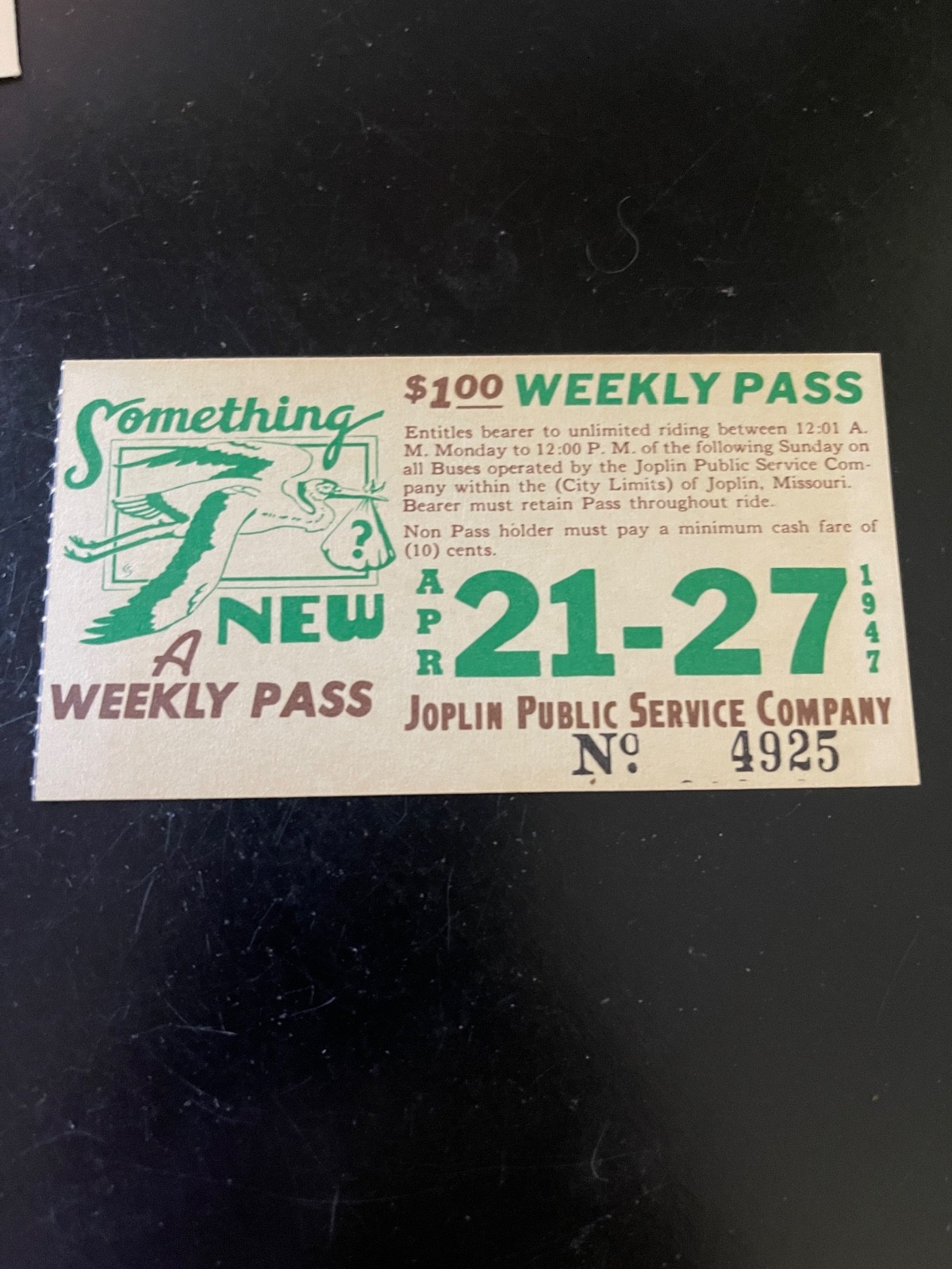 trolley street car pass ticket Joplin Public service company 1947 trolley street car pass ticket Joplin Public service company 1947