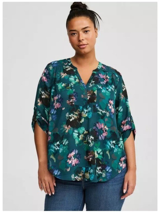 Torrid Floral Harper Georgette 3/4 Sleeve Pullover Blouse Boho Teal 5X