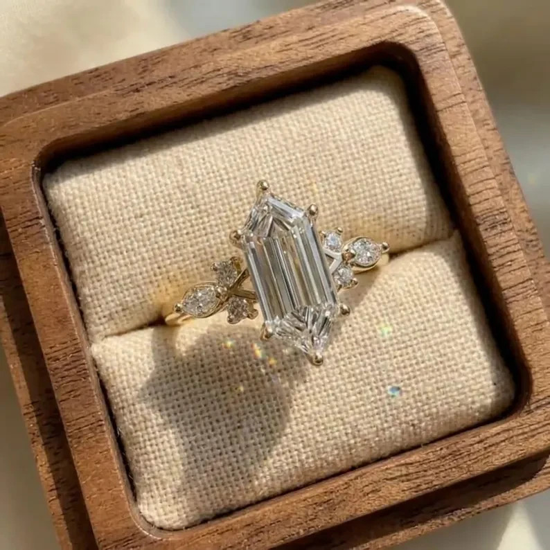 2.22 CT Hexagon Cut Lab Grown Diamond Halo Anniversary Ring 10k Yellow Gold Gift