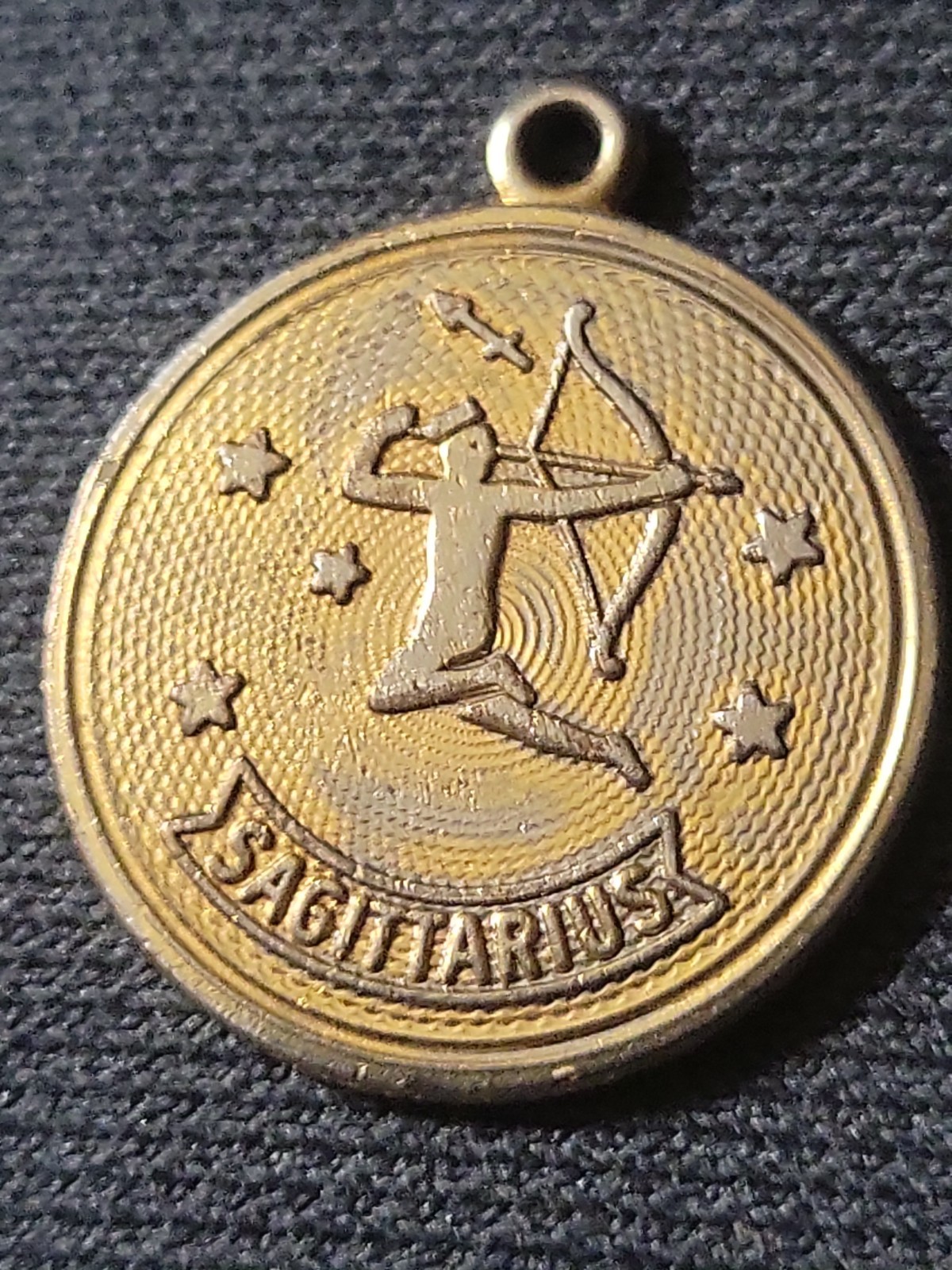 Vintage 1970s Sagittarius Zodiac Pendant Gold Tone Textured Medallion Charm 