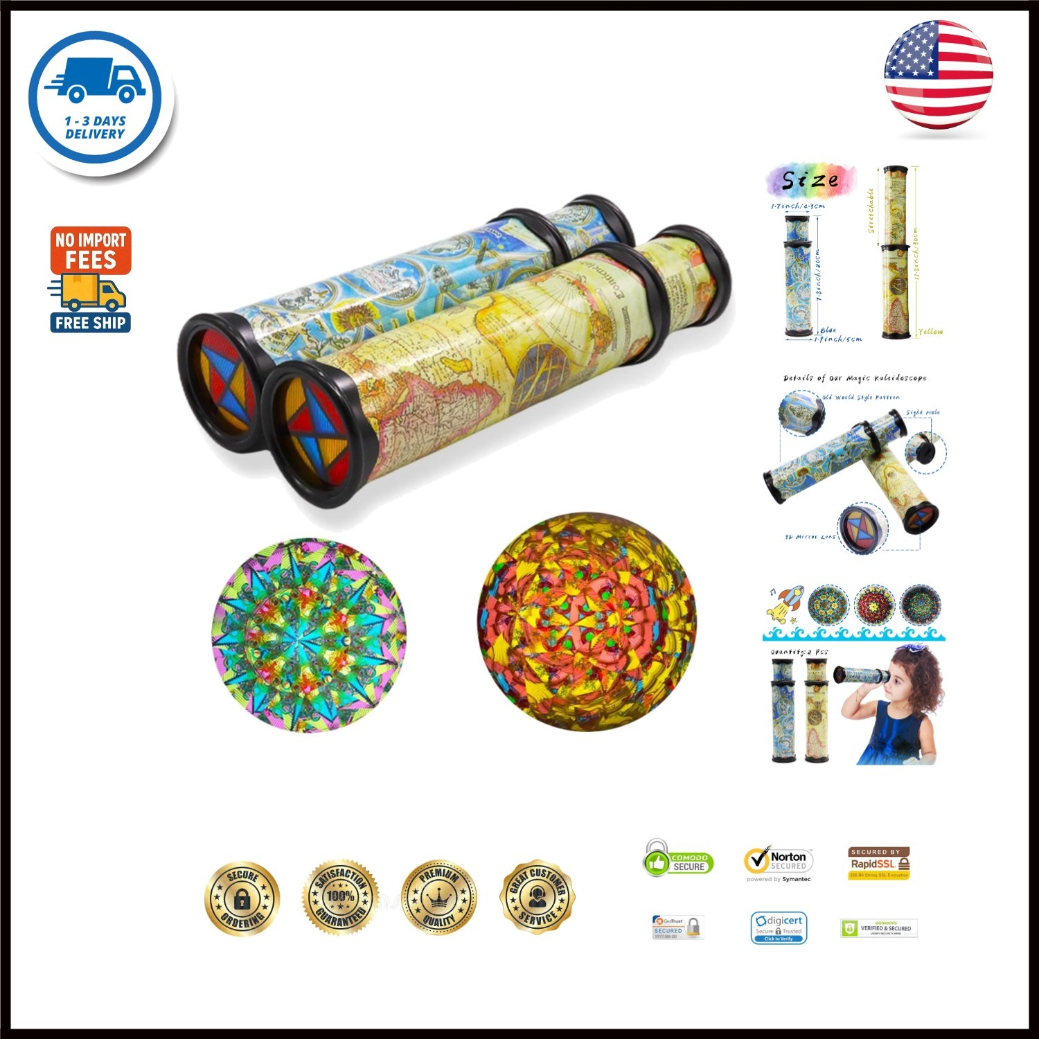 2 Pack Classic Kaleidoscope Toy,Magic Rotating Kaleidoscope,Stretchable Long Wor