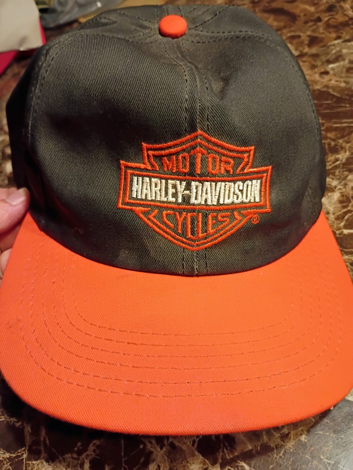 Vintage Harley Davidson Motor Clothes Snapback Hat Arched Text Black Orange NM