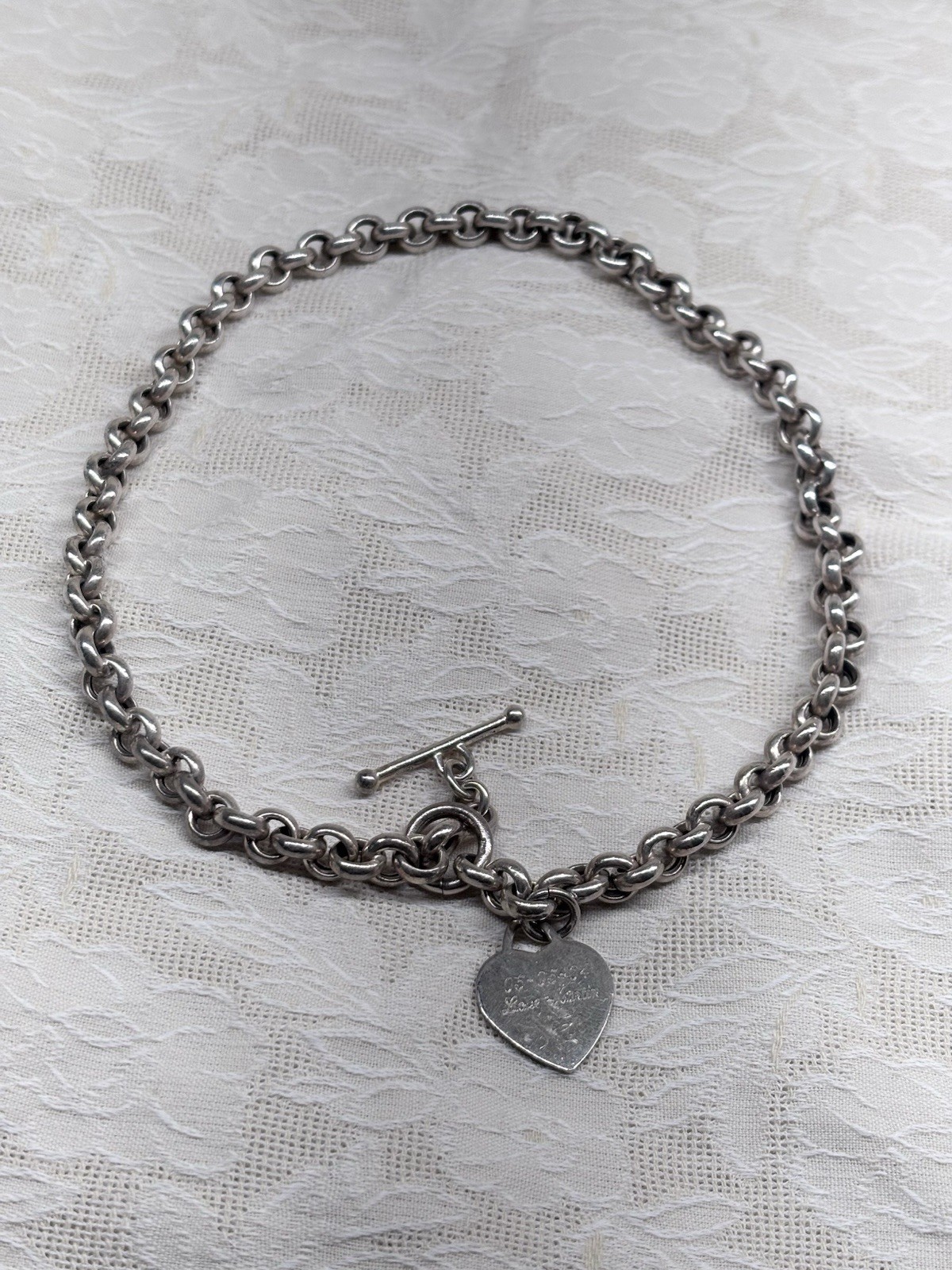 Vintage 925 Italian sterling silver rolo chain toggle clasp heart dog tag choker