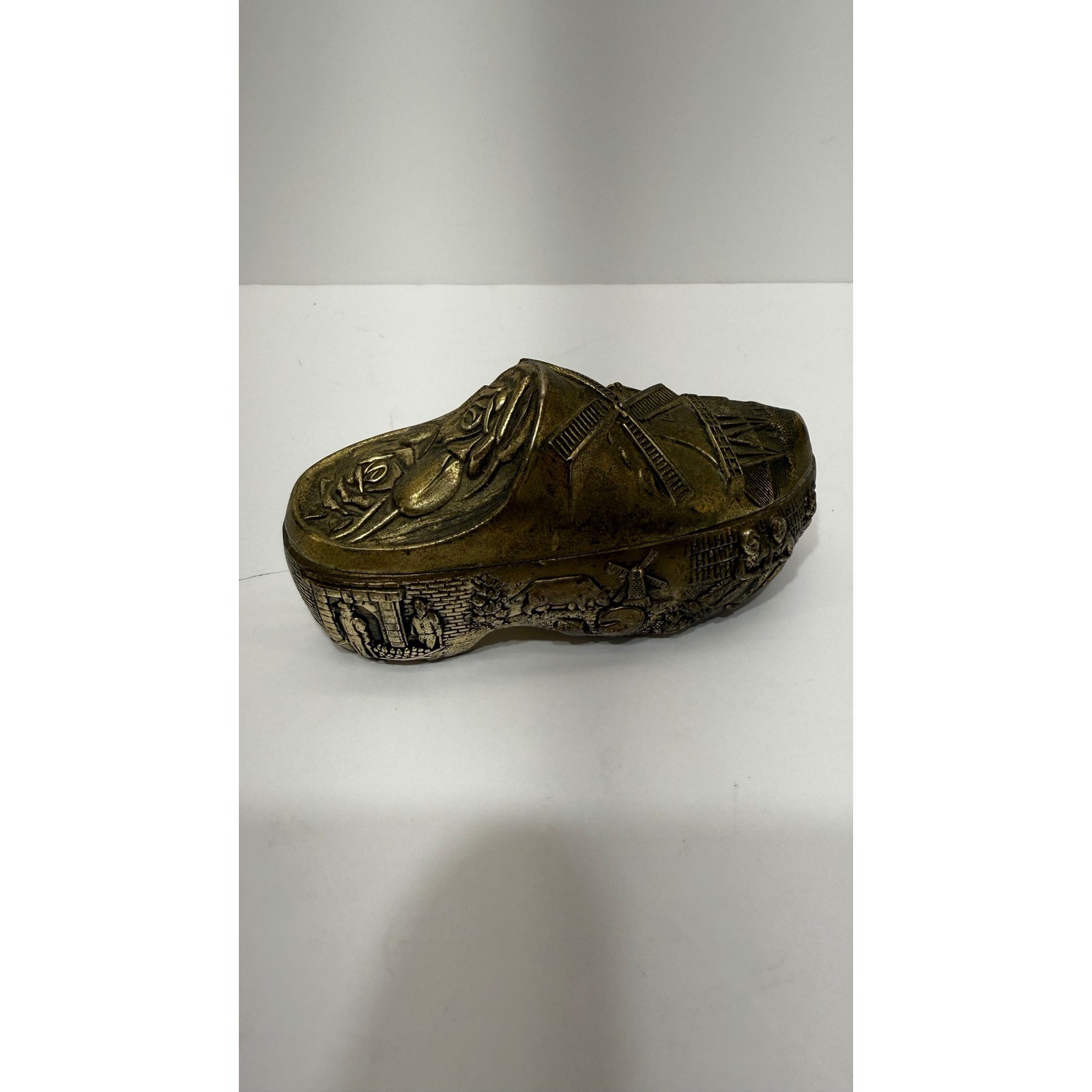 Vintage Dutch Clog Trinket Box Windmill Embossed Metal Jewelry Case Brass Tone